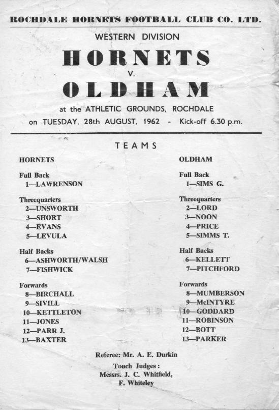 Programme cover: Oldham v Rochdale Hornets, 28 August 1962