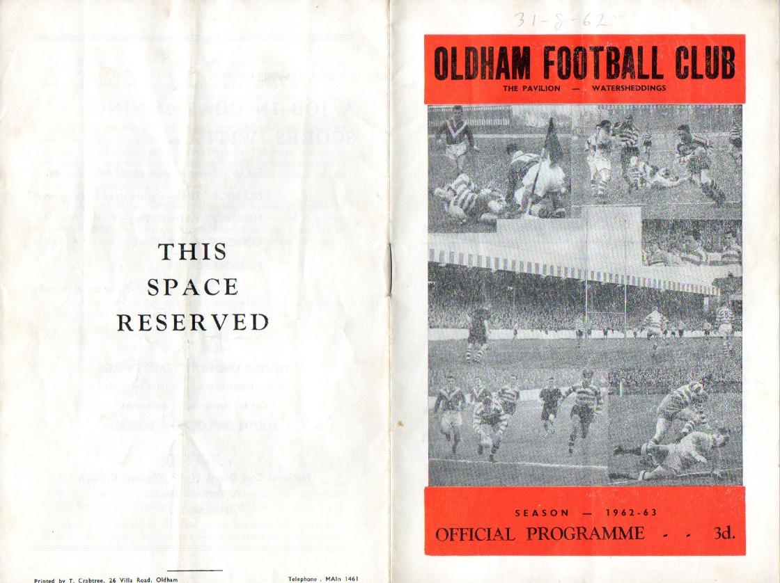 Programme cover: Oldham v Whitehaven, 31 August 1962