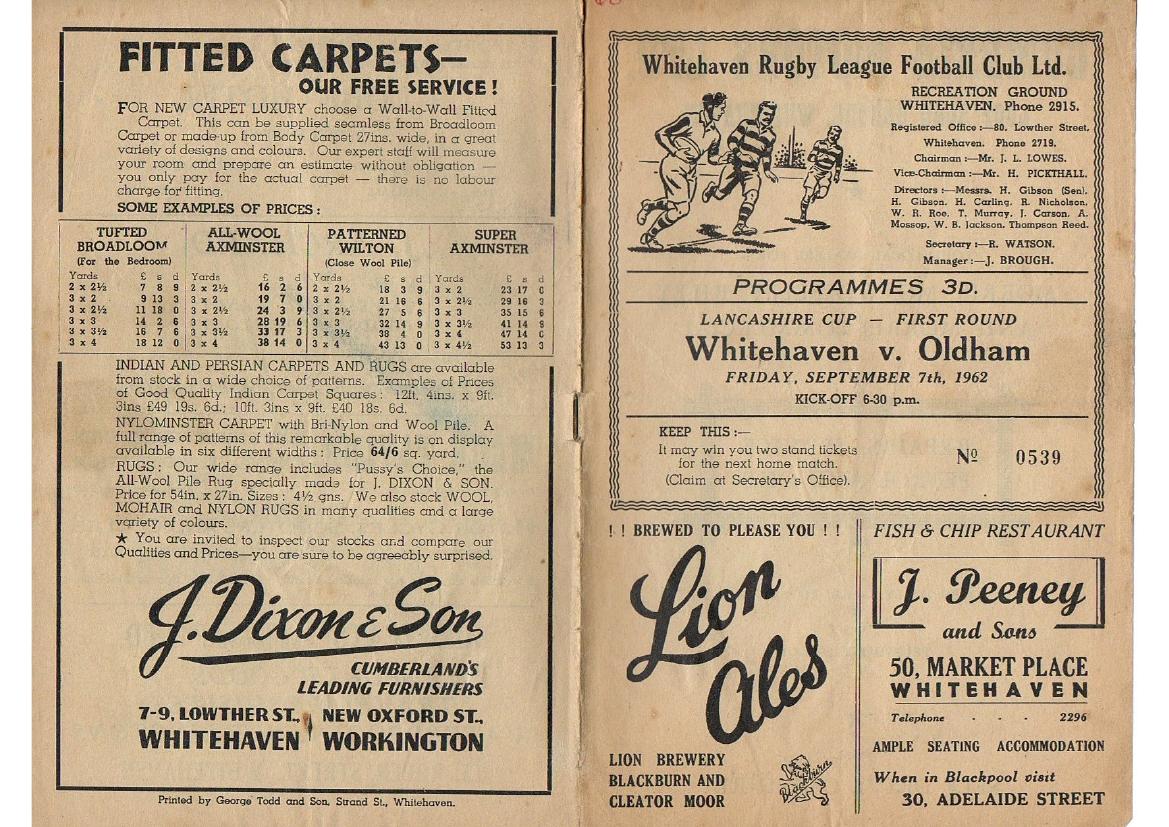 Programme cover: Oldham v Whitehaven, 7 September 1962