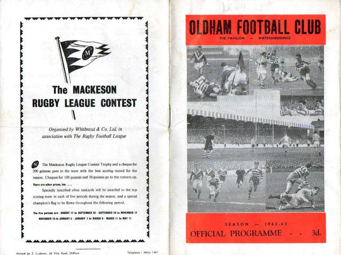 Programme cover: Oldham v Rochdale Hornets, 18 September 1962