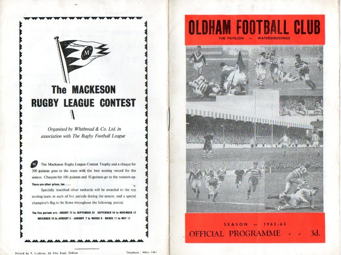 Programme cover: Oldham v Rochdale Hornets, 22 September 1962