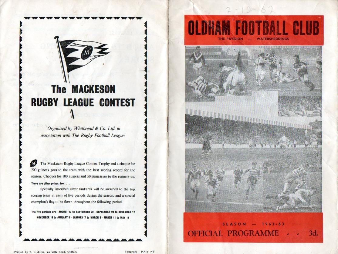 Programme cover: Oldham v St Helens, 2 October 1962