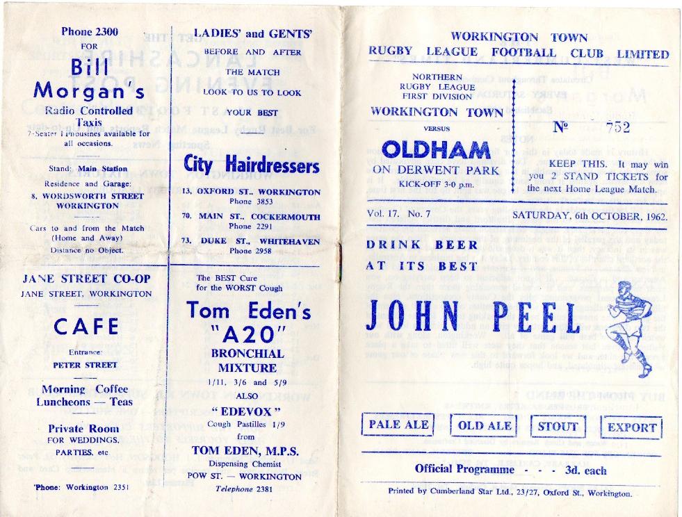 Programme cover: Oldham v Workington Town, 6 October 1962