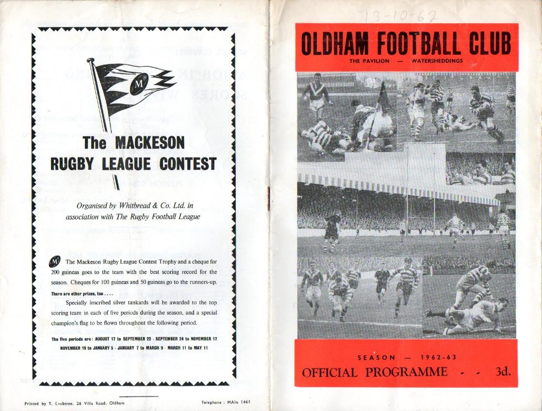 Programme cover: Oldham v Huddersfield, 13 October 1962