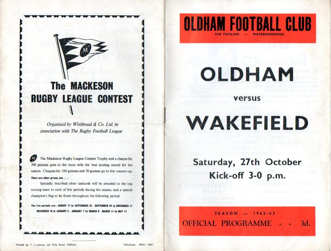 Programme cover: Oldham v Wakefield Trinity, 27 October 1962