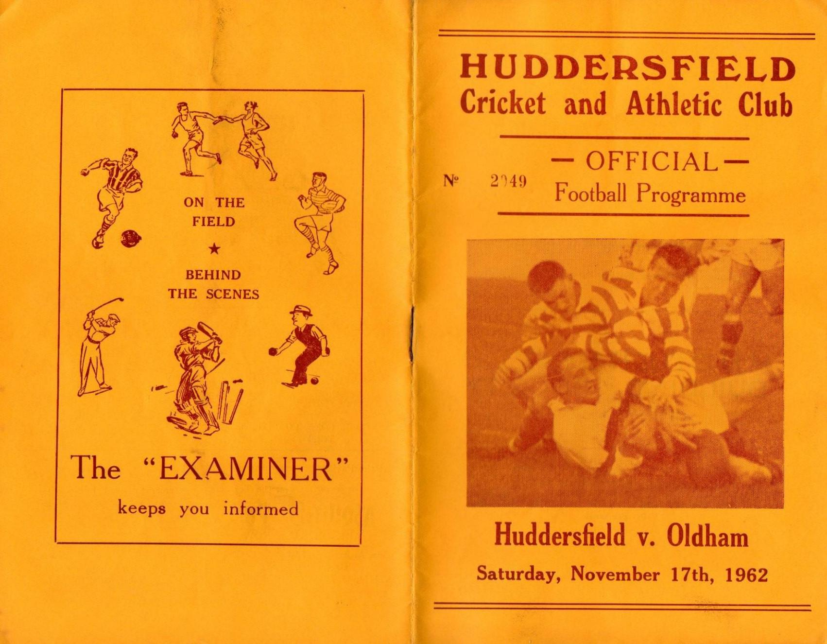 Programme cover: Oldham v Huddersfield, 17 November 1962