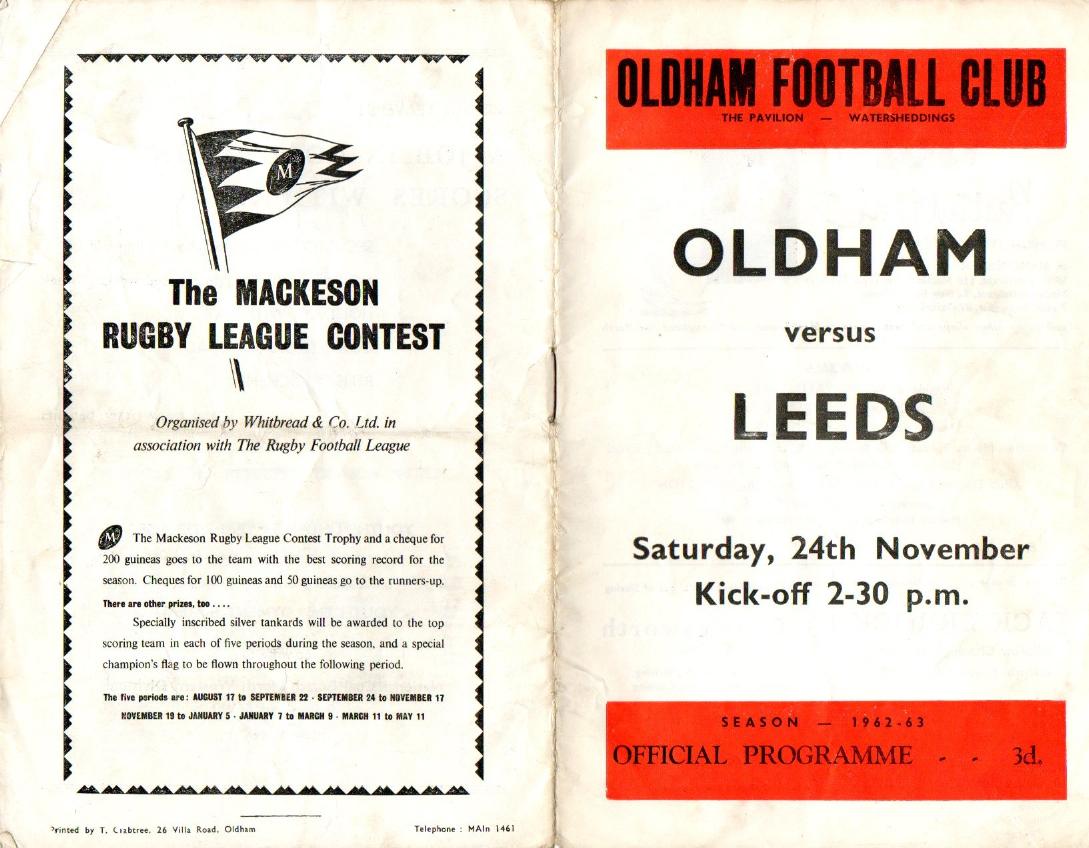 Programme cover: Oldham v Leeds, 24 November 1962