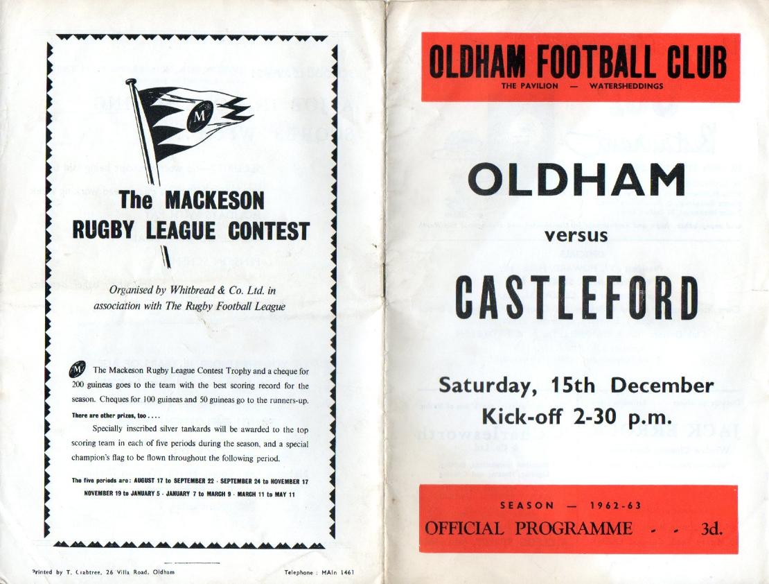 Programme cover: Oldham v Castleford, 15 December 1962