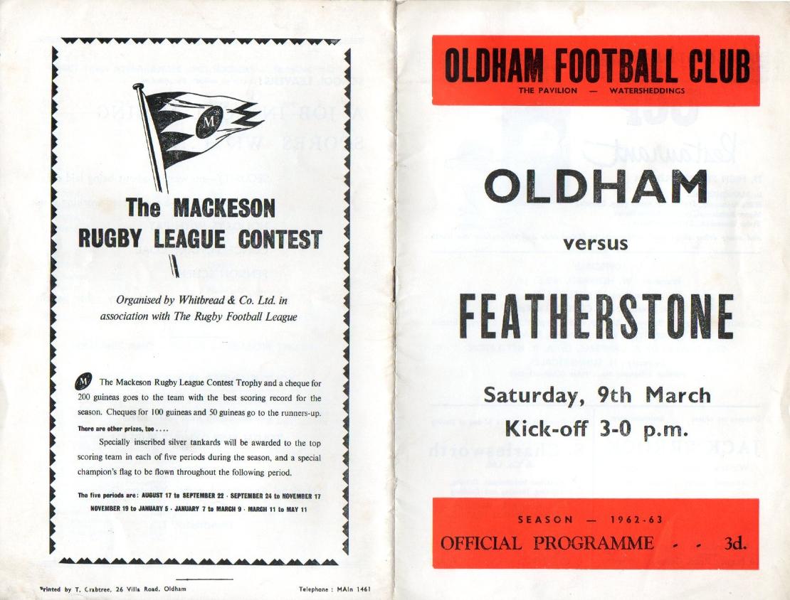 Programme cover: Oldham v Featherstone Rovers, 9 March 1963