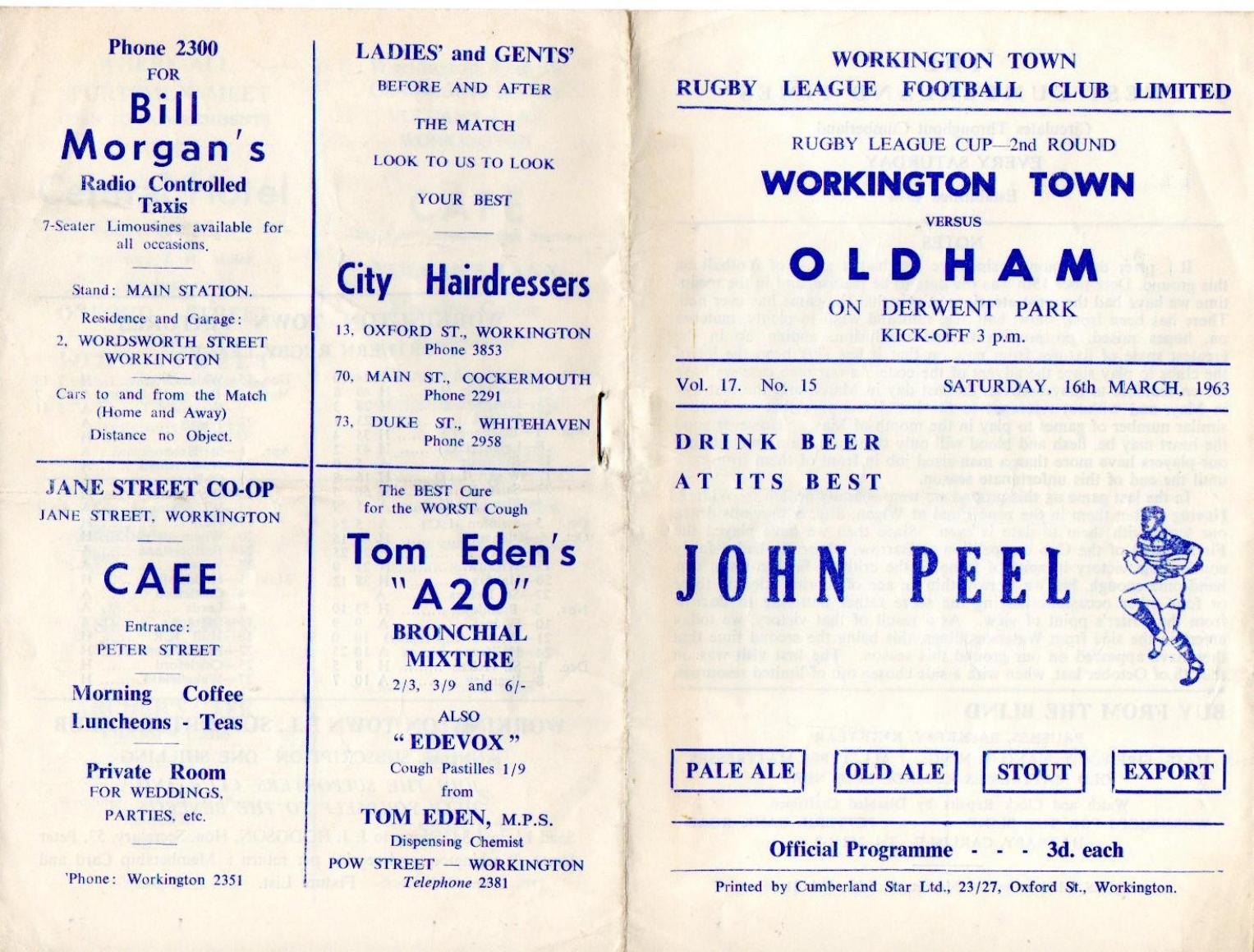 Programme cover: Oldham v Workington Town, 16 March 1963