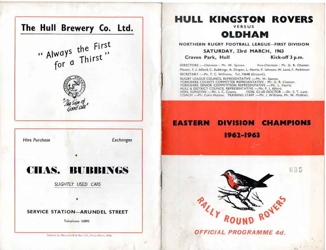Programme cover: Oldham v Hull Kingston Rovers, 23 March 1963