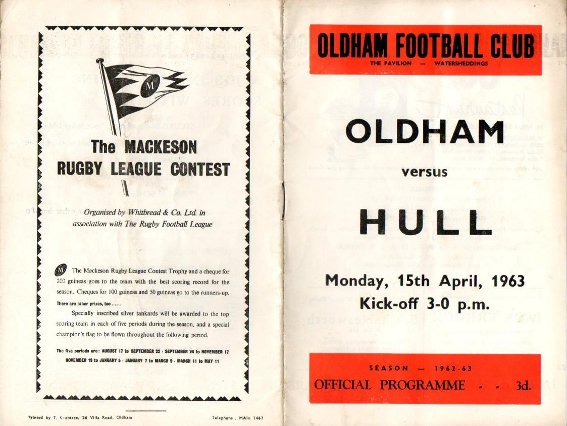 Programme cover: Oldham v Hull FC, 15 April 1963