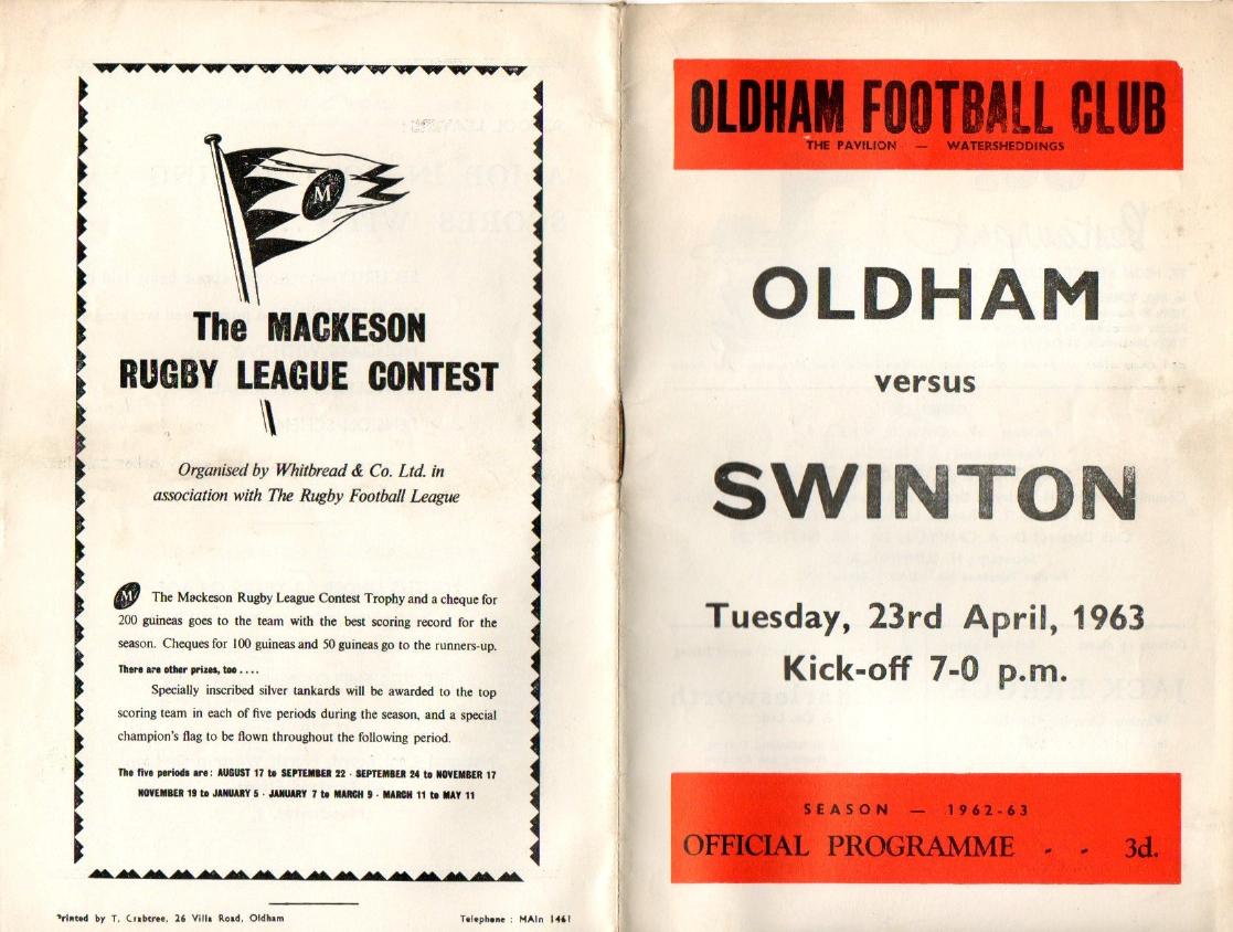 Programme cover: Oldham v Swinton, 23 April 1963