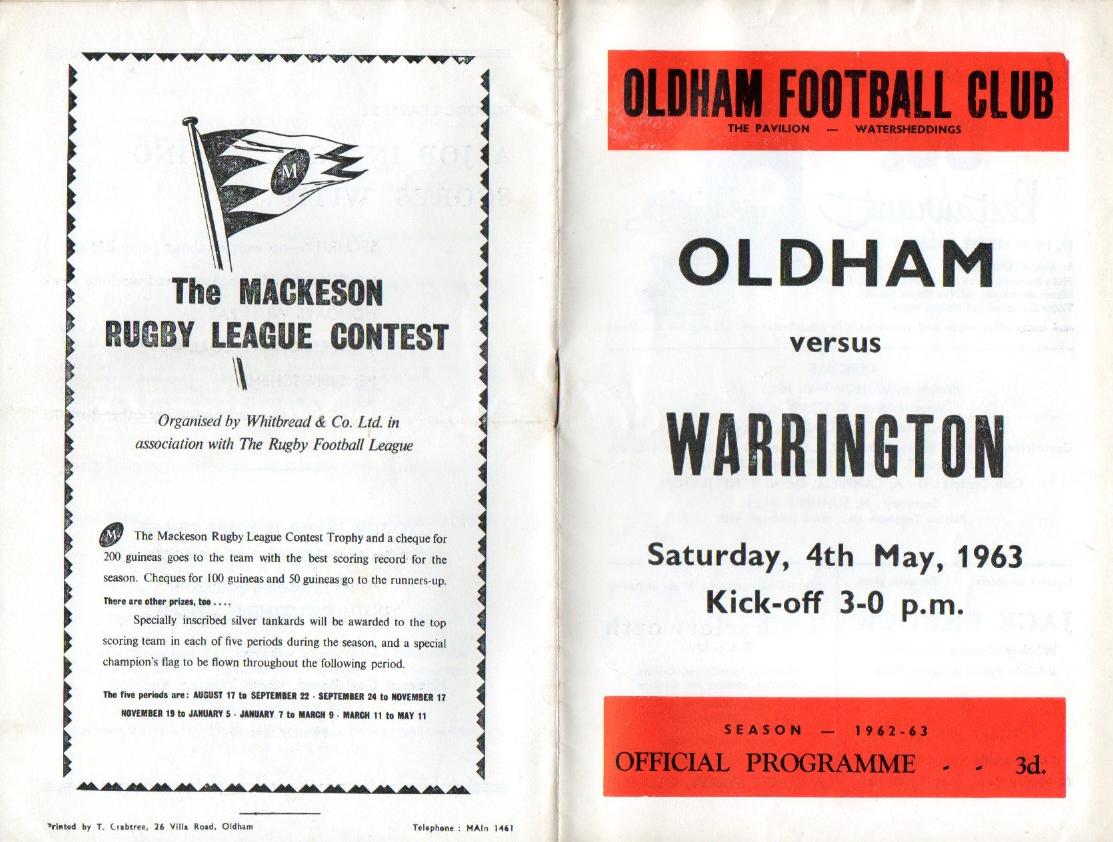Programme cover: Oldham v Warrington, 4 May 1963