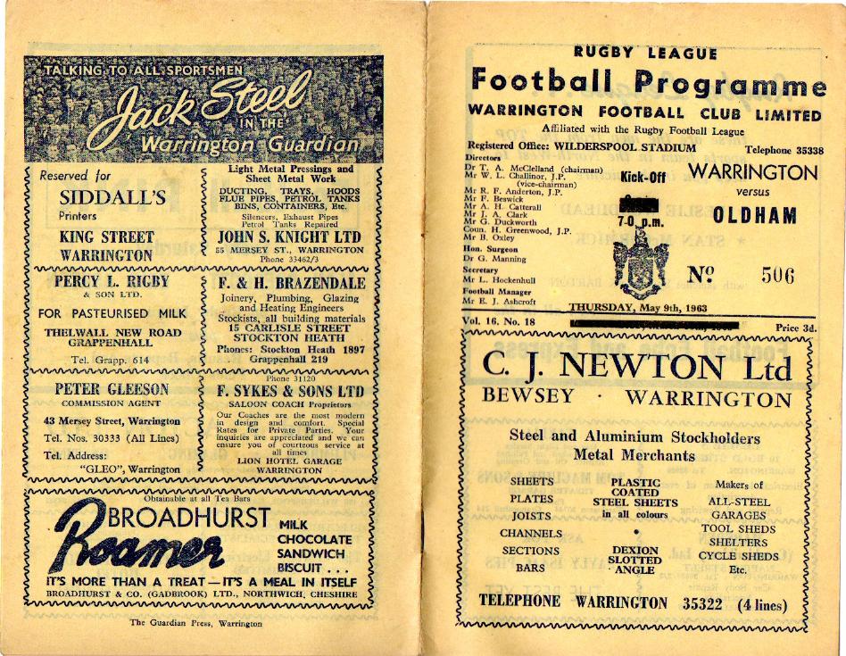 Programme cover: Oldham v Warrington, 9 May 1963