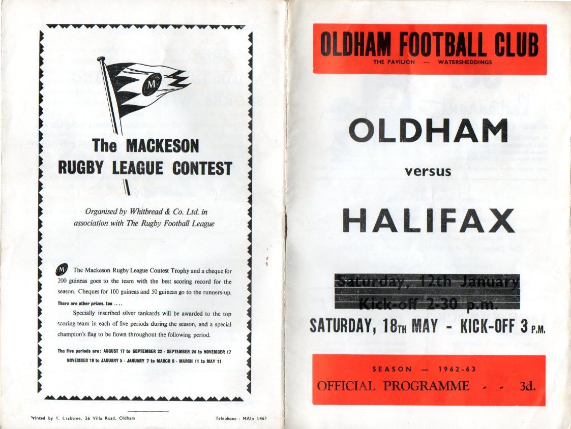 Programme cover: Oldham v Halifax, 18 May 1963