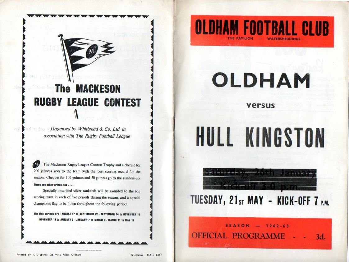 Programme cover: Oldham v Hull Kingston Rovers, 21 May 1963