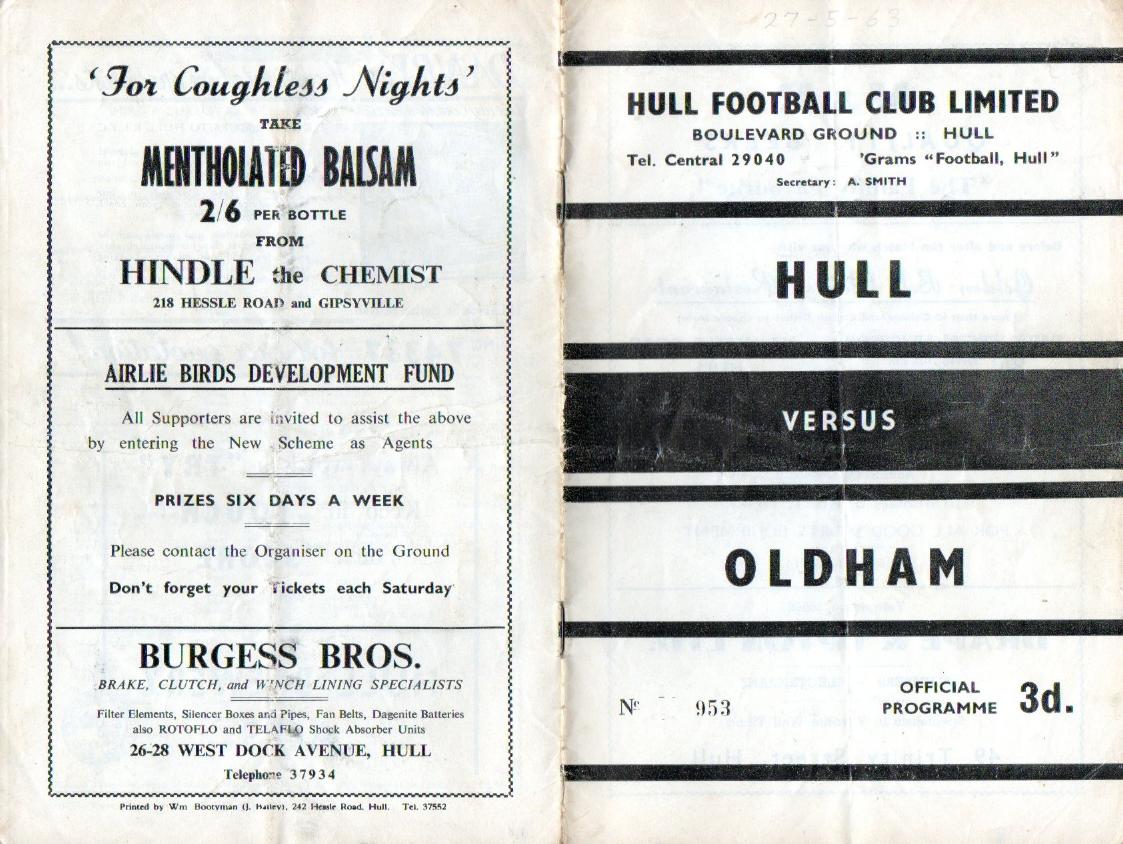 Programme cover: Oldham v Hull FC, 27 May 1963