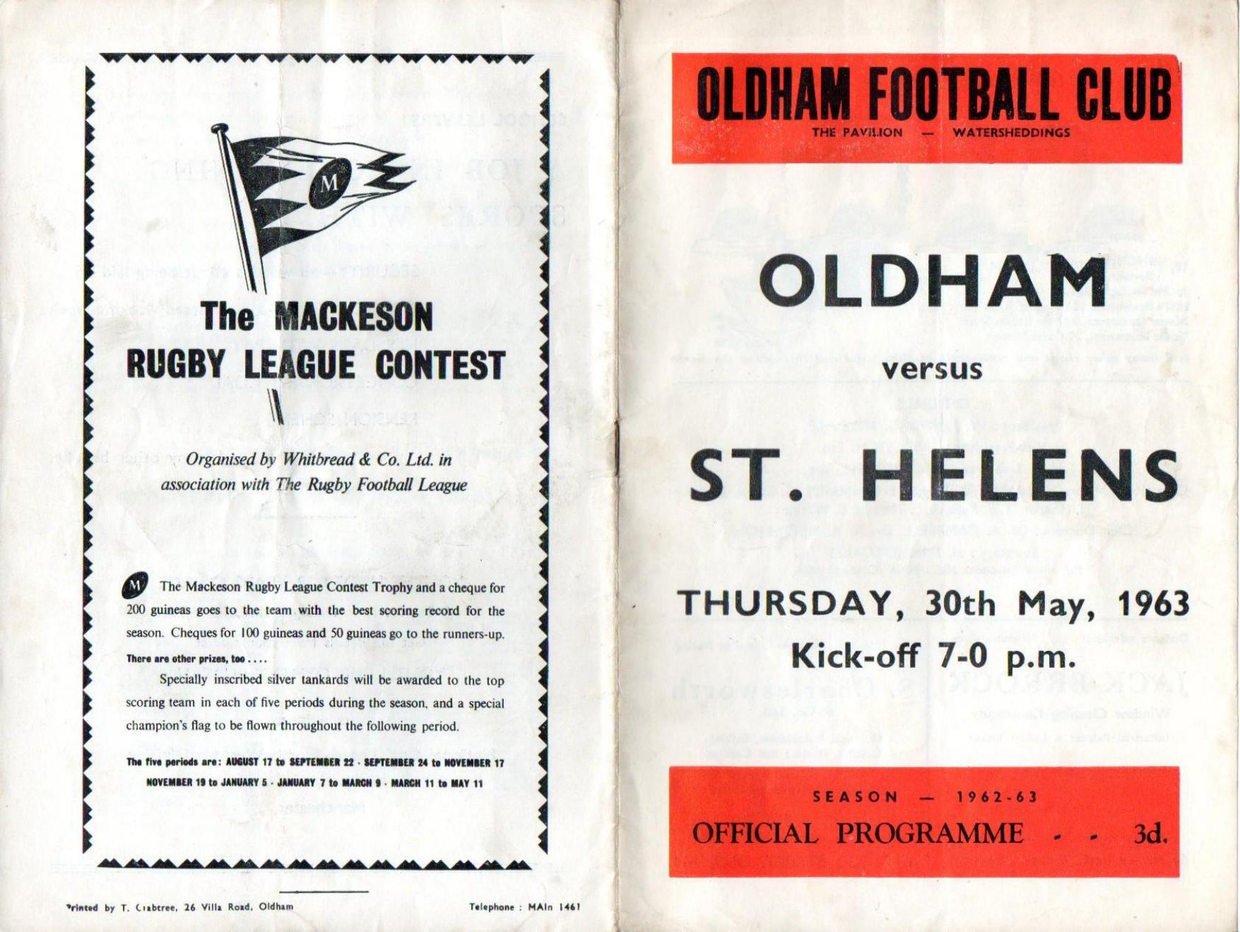 Programme cover: Oldham v St Helens, 30 May 1963