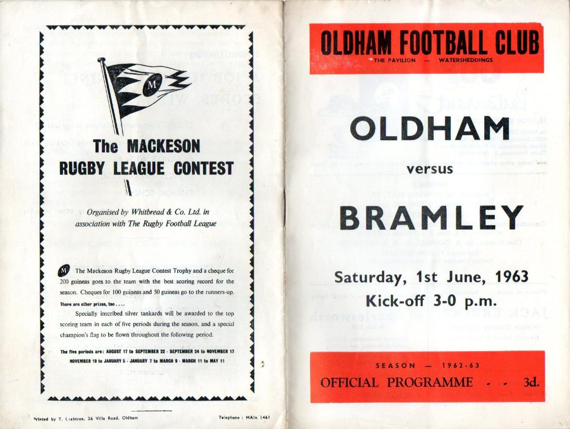 Programme cover: Oldham v Bramley, 1 June 1963