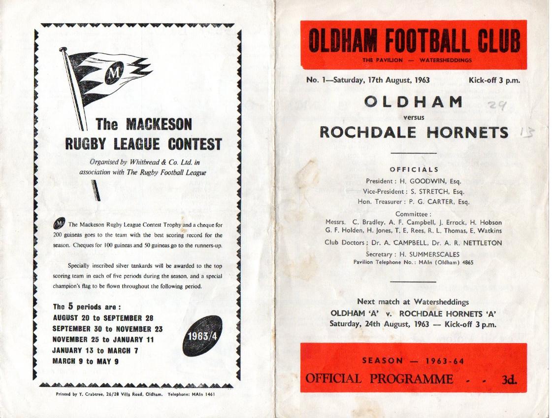 Programme cover: Oldham v Rochdale Hornets, 17 August 1963