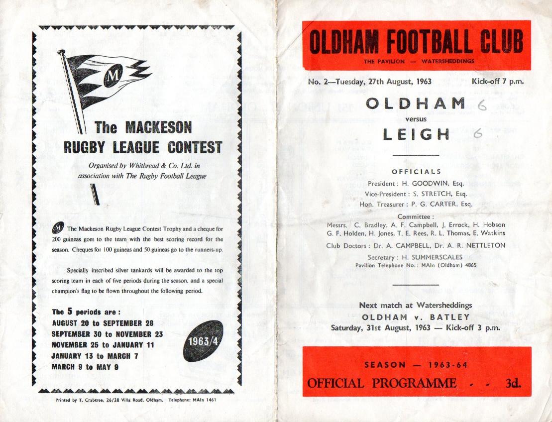 Programme cover: Oldham v Leigh, 27 August 1963
