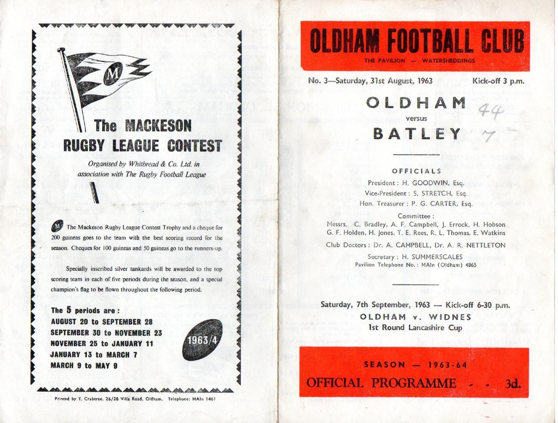 Programme cover: Oldham v Batley, 31 August 1963