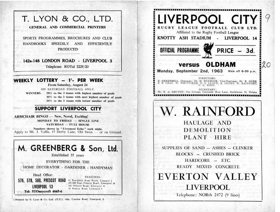 Programme cover: Oldham v Liverpool City, 2 September 1963