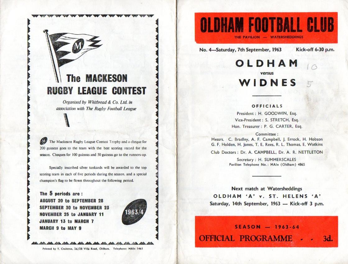 Programme cover: Oldham v Widnes, 7 September 1963