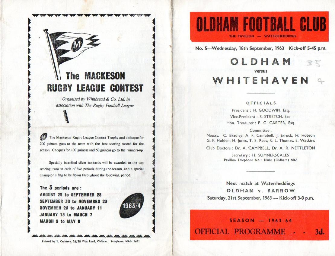 Programme cover: Oldham v Whitehaven, 18 September 1963