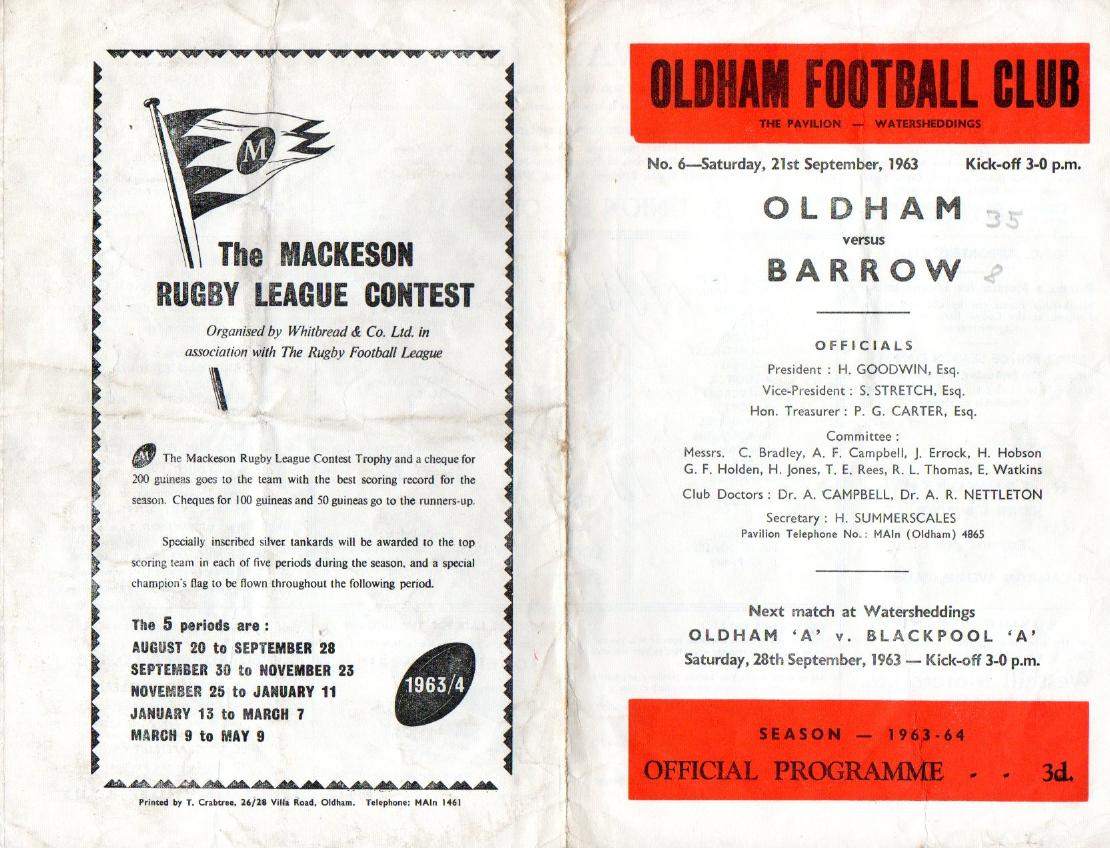 Programme cover: Oldham v Barrow, 21 September 1963
