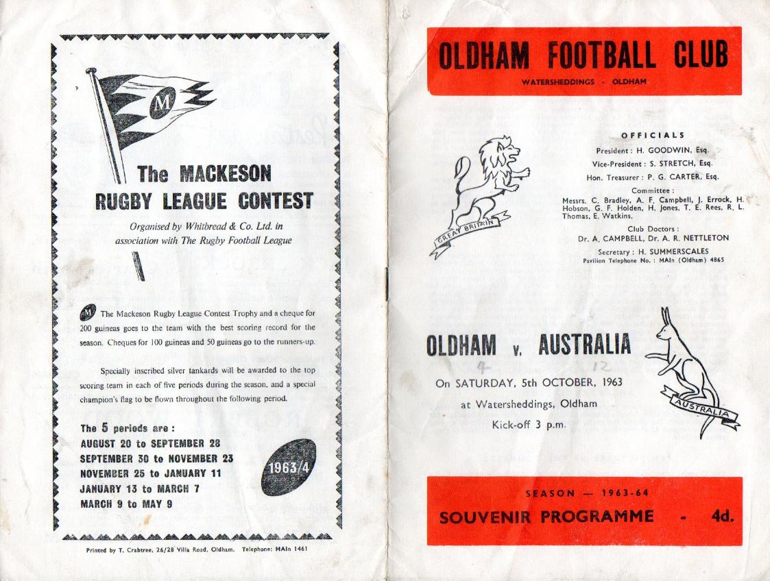 Programme cover: Oldham v Australia, 5 October 1963