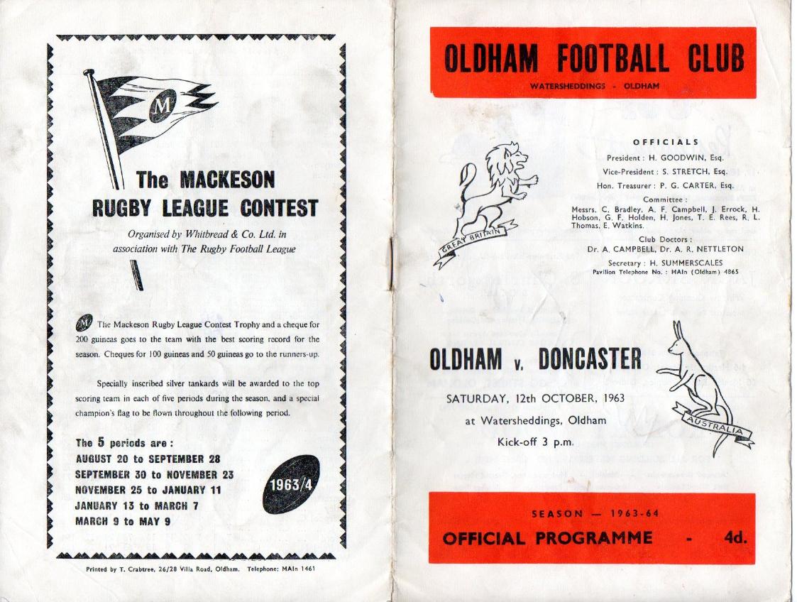 Programme cover: Oldham v Doncaster, 12 October 1963