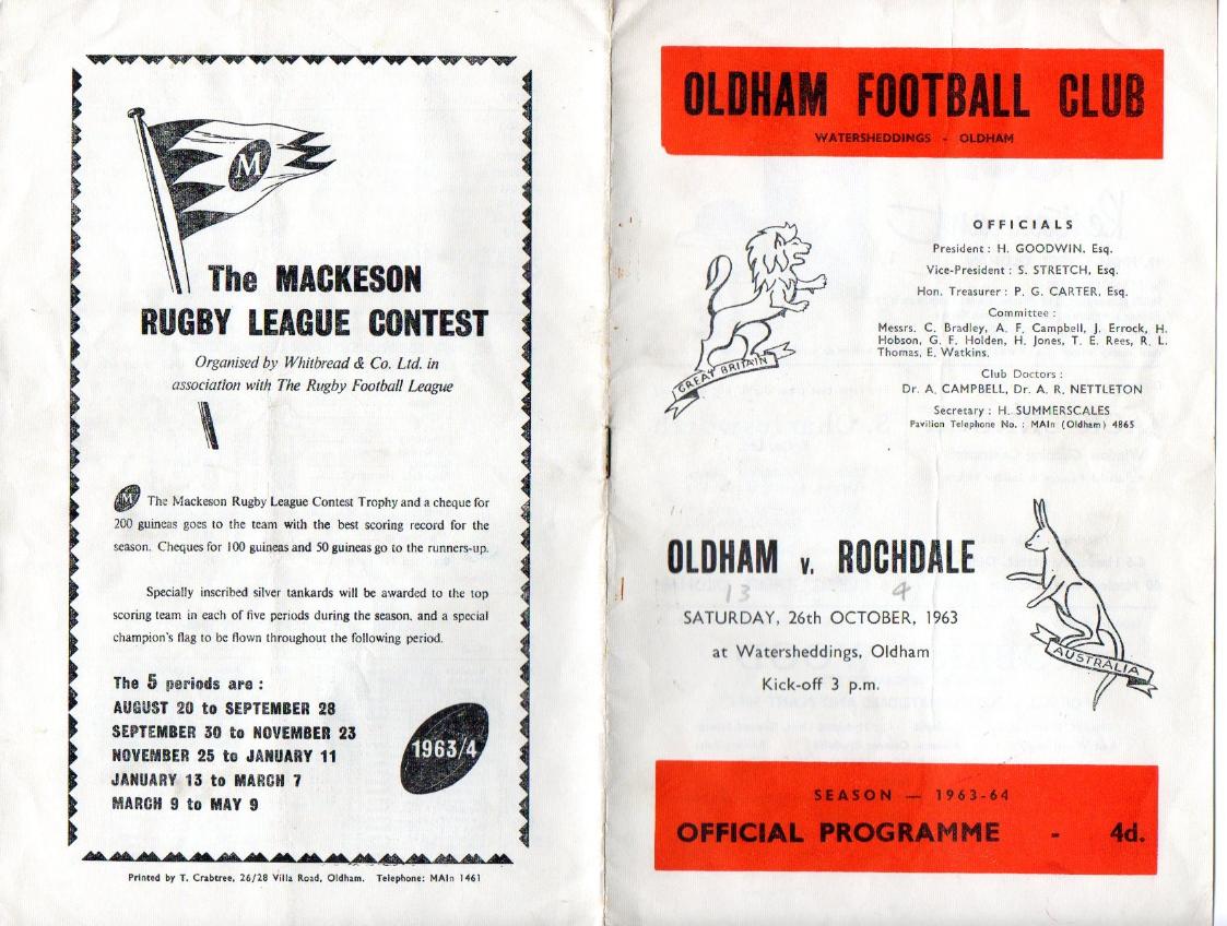 Programme cover: Oldham v Rochdale Hornets, 26 October 1963