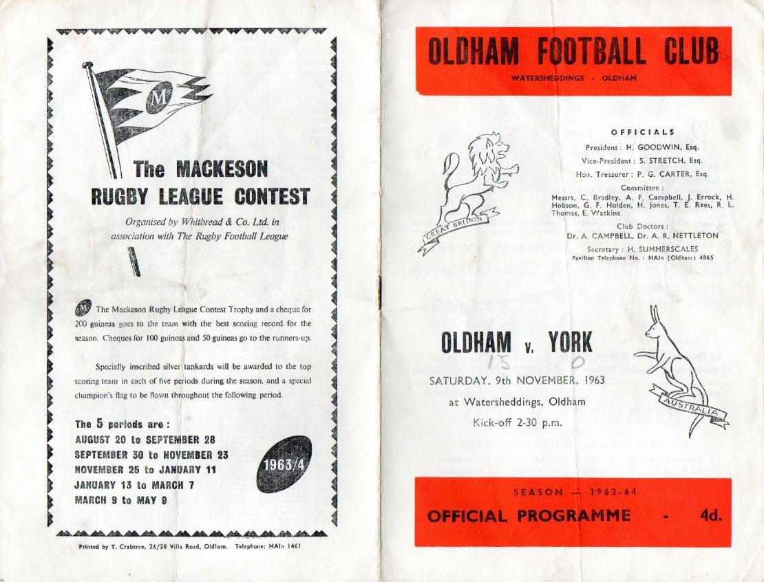 Programme cover: Oldham v York, 9 November 1963