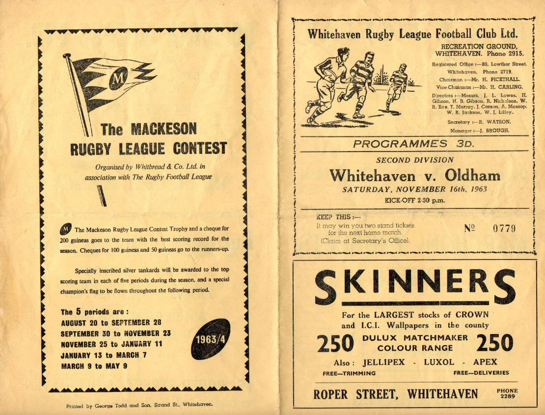 Programme cover: Oldham v Whitehaven, 16 November 1963