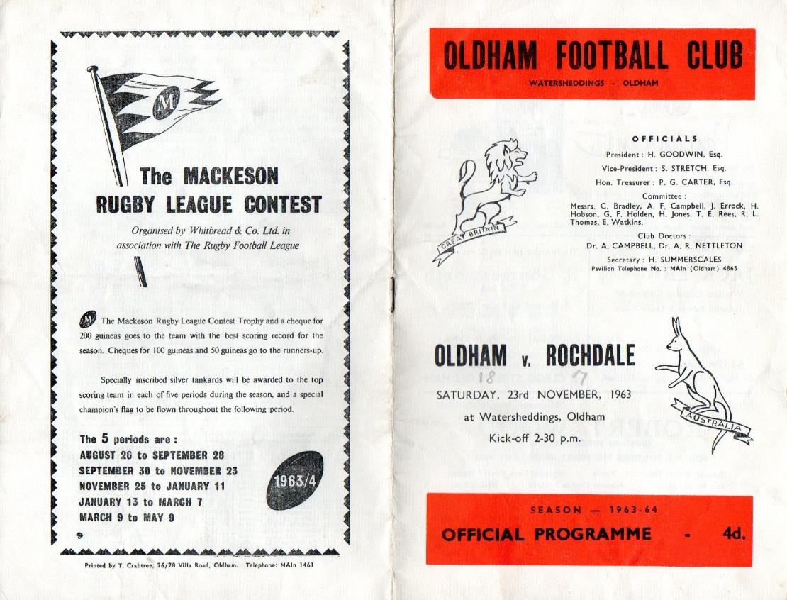 Programme cover: Oldham v Rochdale Hornets, 23 November 1963
