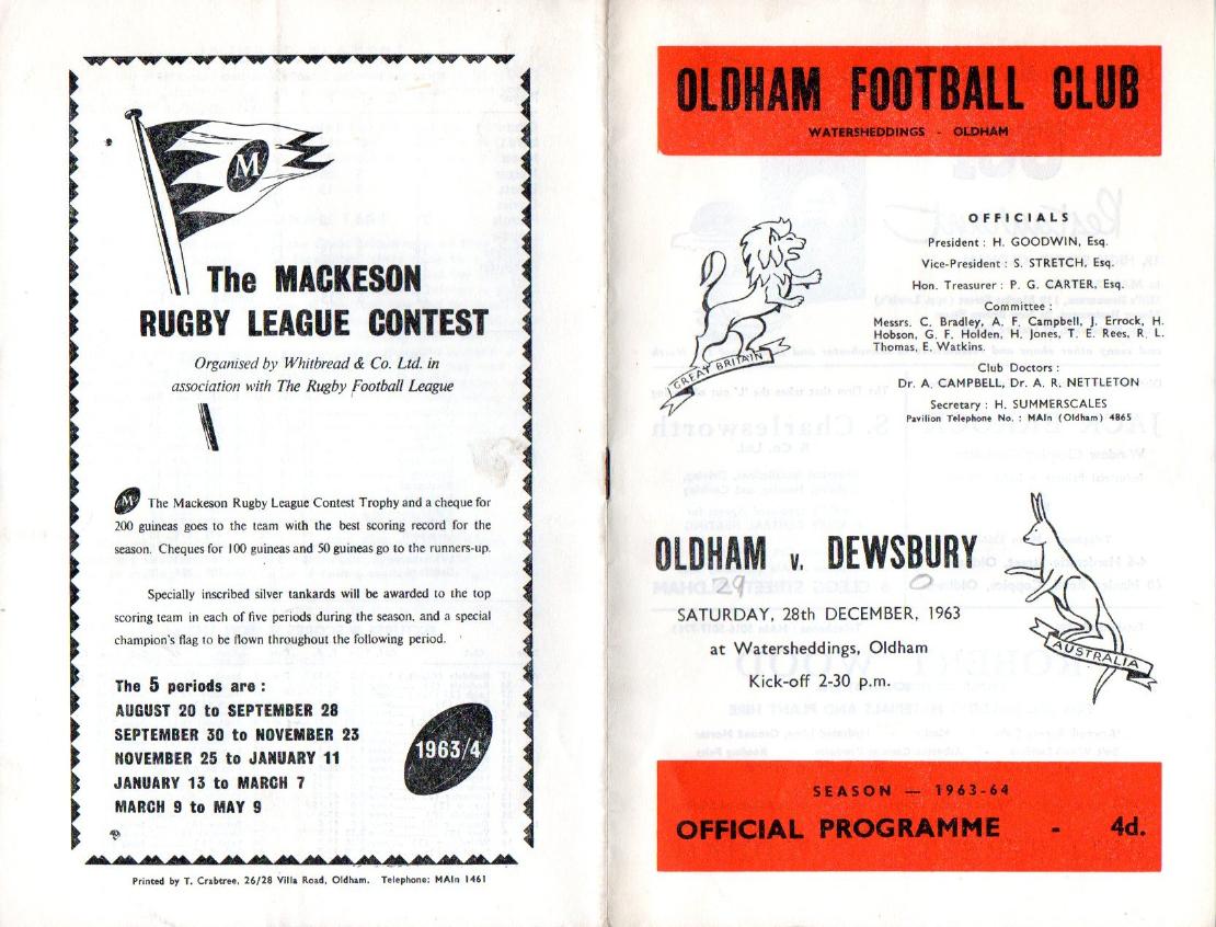 Programme cover: Oldham v Dewsbury, 28 December 1963