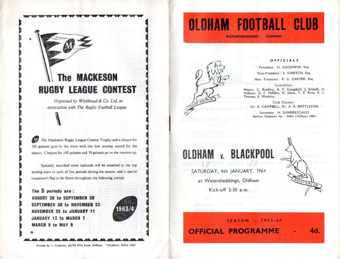 Programme cover: Oldham v Blackpool Borough, 4 January 1964