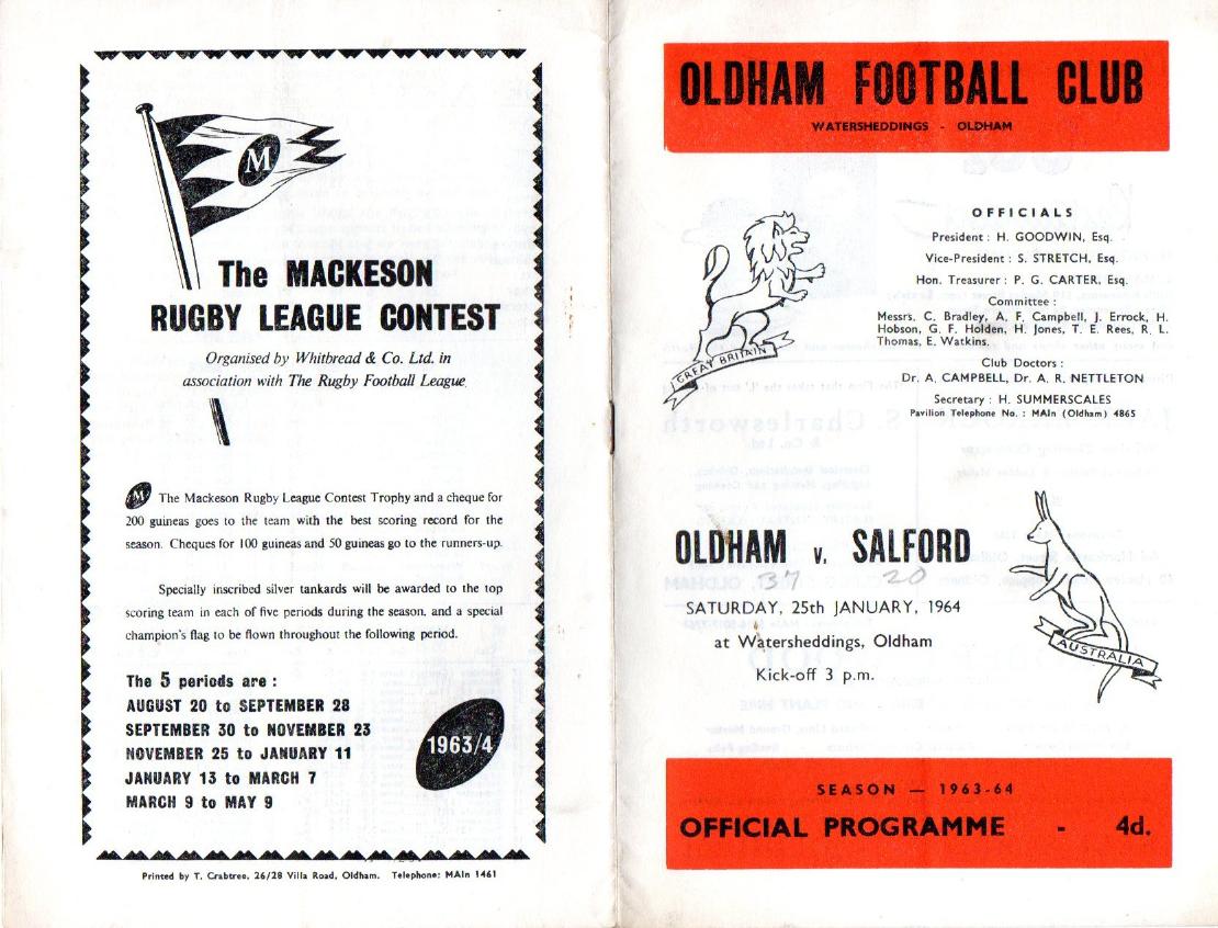 Programme cover: Oldham v Salford, 25 January 1964