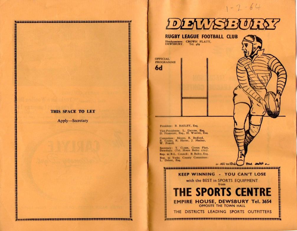 Programme cover: Oldham v Dewsbury, 1 February 1964