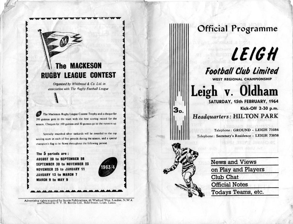 Programme cover: Oldham v Leigh, 15 February 1964