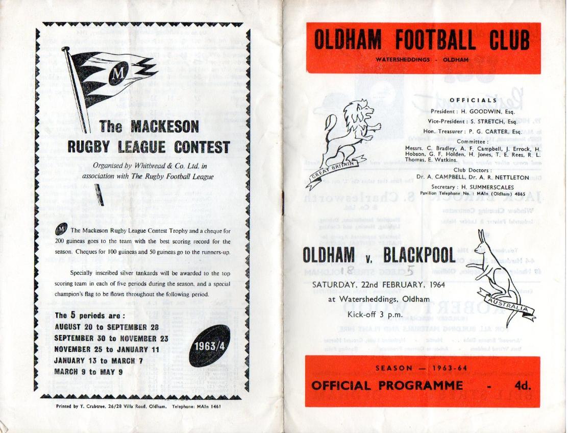 Programme cover: Oldham v Blackpool Borough, 22 February 1964