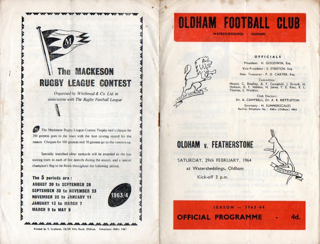 Programme cover: Oldham v Featherstone Rovers, 29 February 1964