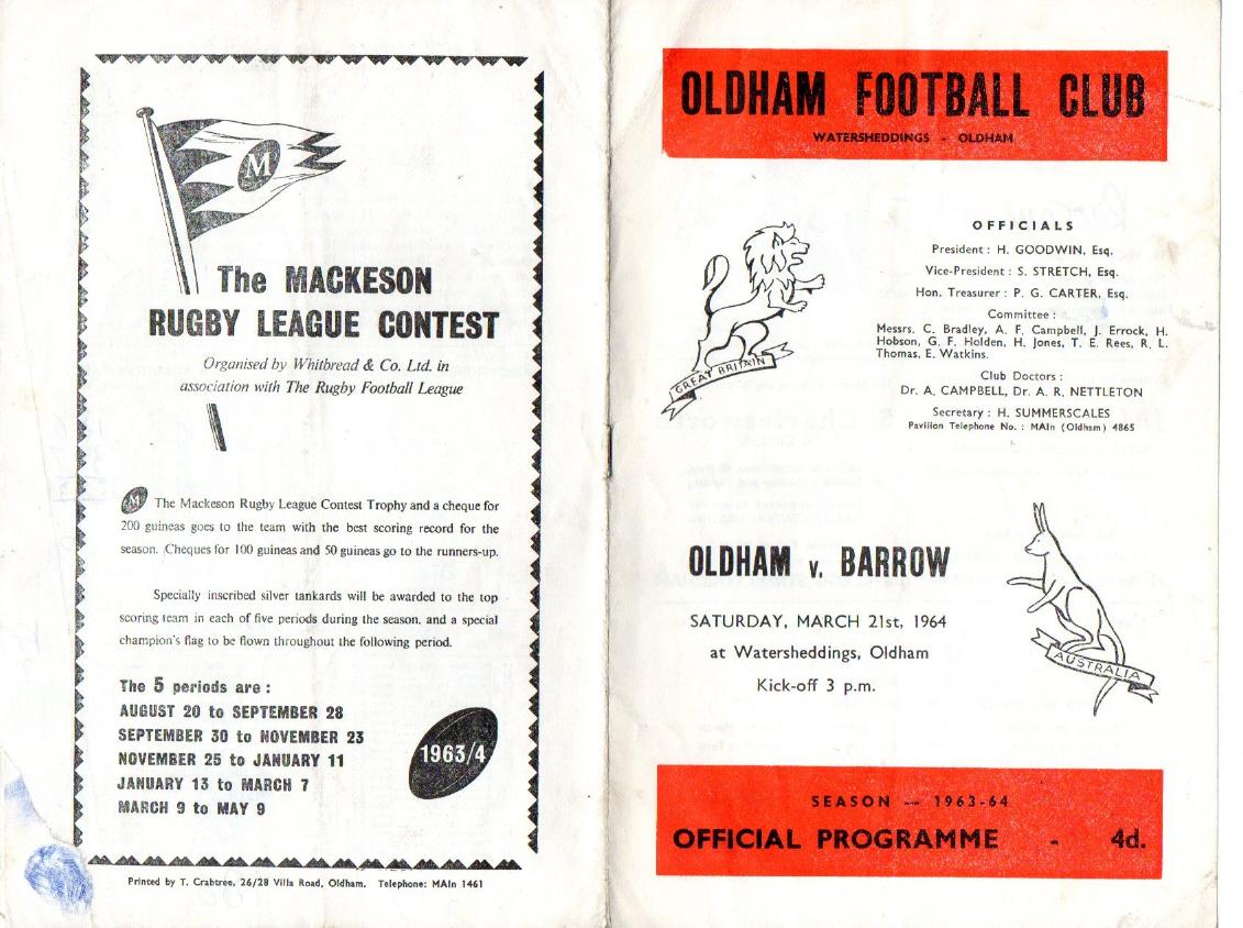 Programme cover: Oldham v Barrow, 21 March 1964