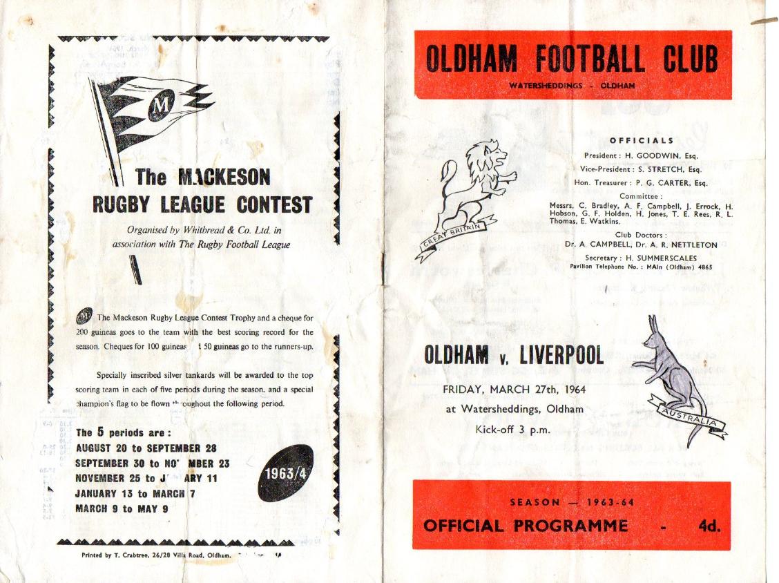 Programme cover: Oldham v Liverpool City, 27 March 1964