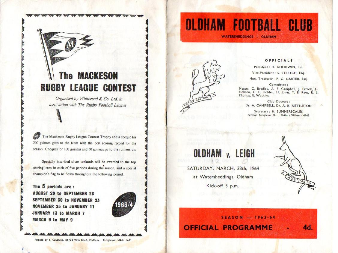 Programme cover: Oldham v Leigh, 28 March 1964