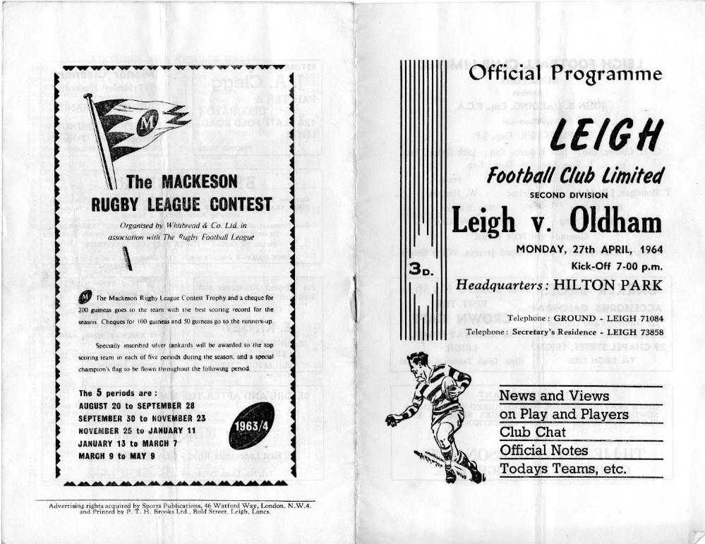 Programme cover: Oldham v Leigh, 27 April 1964