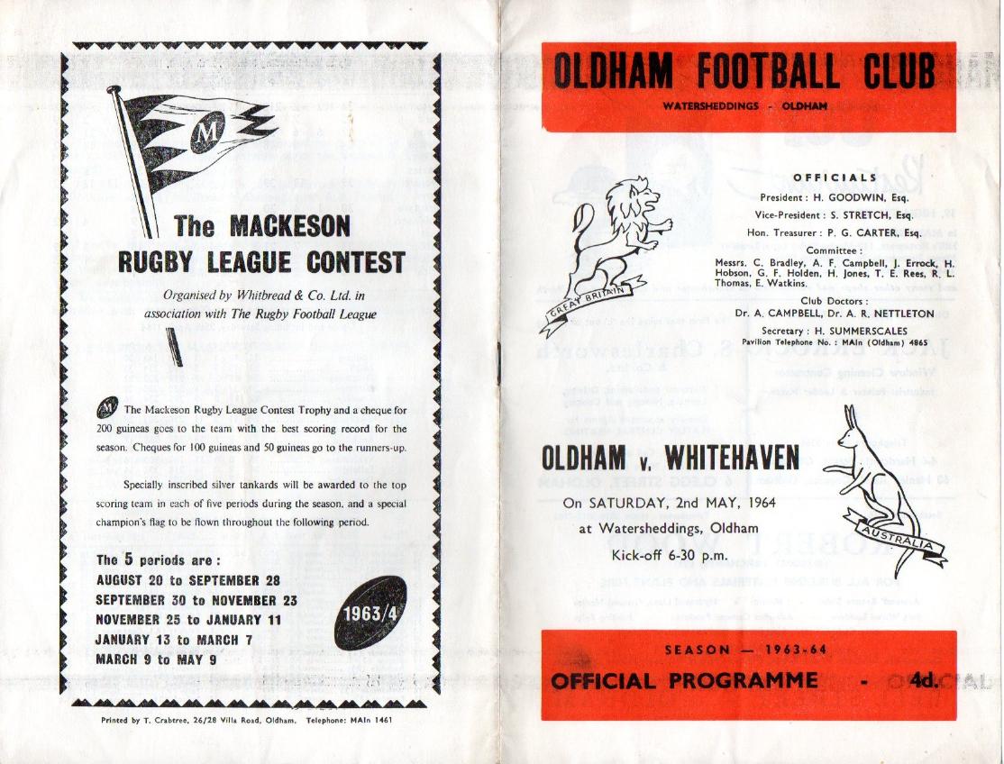 Programme cover: Oldham v Whitehaven, 2 May 1964