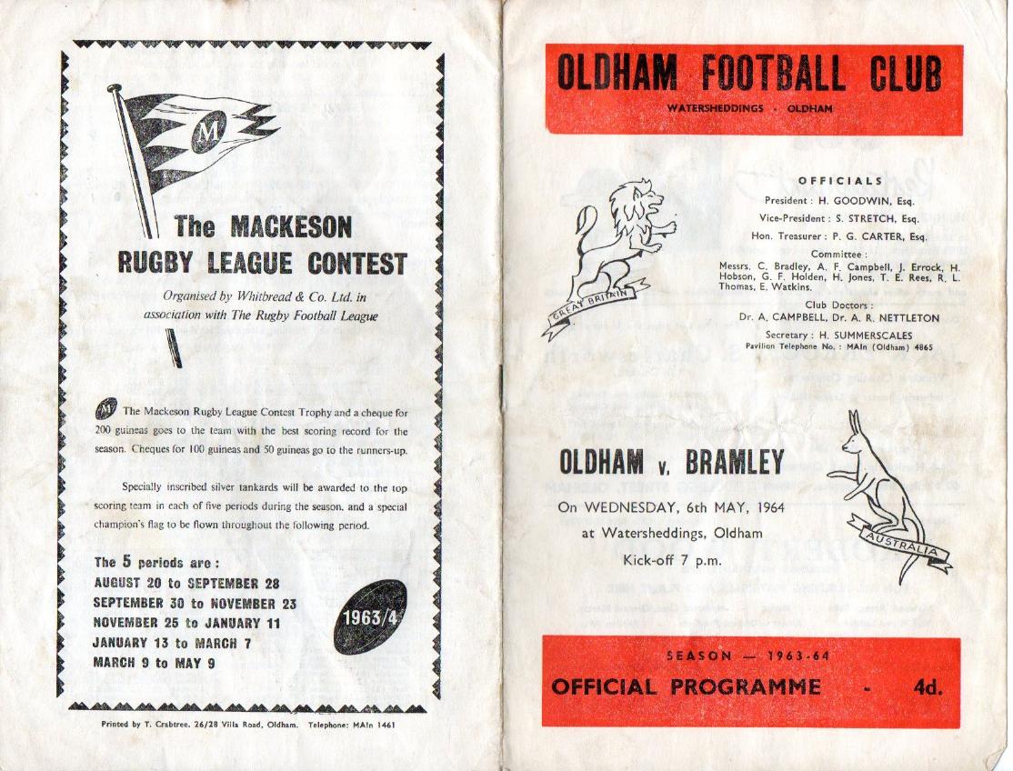 Programme cover: Oldham v Bramley, 6 May 1964